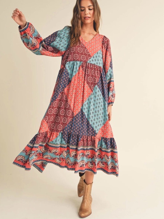&merci Dresses & Skirts - Boho Patchwork Maxi Dress in Coral & Teal